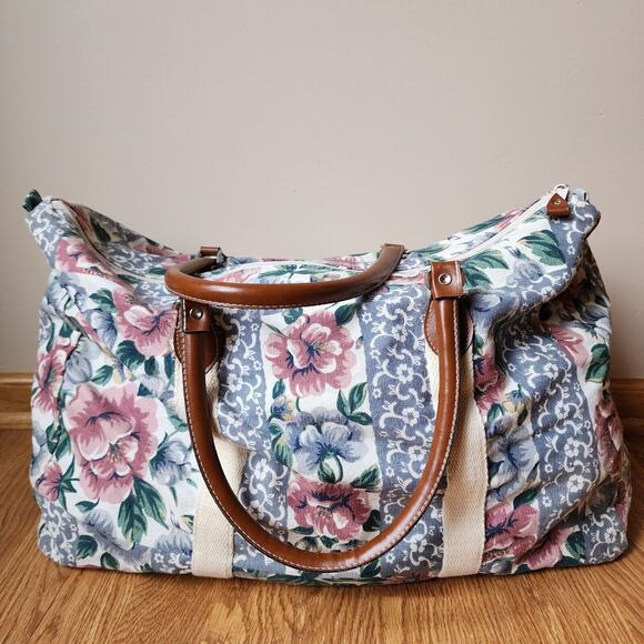 Gitano Floral Tapestry Weekender Duffle Bag With Leather Straps 90's Vintage - Picture 4 of 11